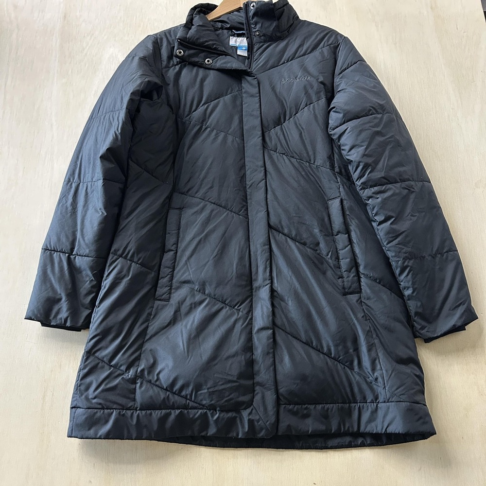 Columbia Parka Coat Womens Large Black Hooded Full Zip Insulated Pockets Warm